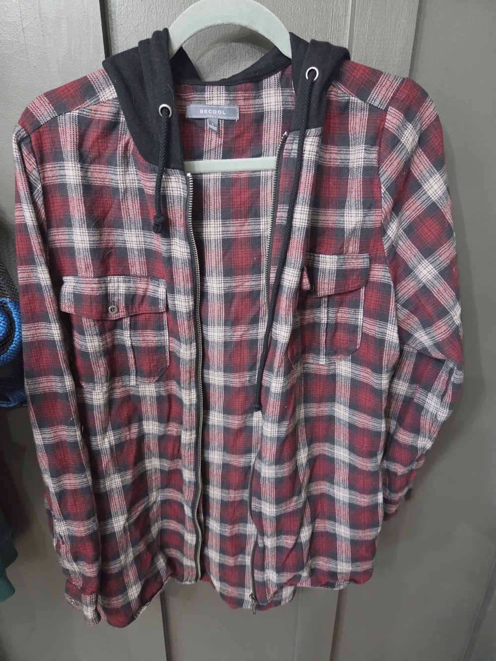 BE COOL Red and Black Plaid Hooded Shirt Jacket